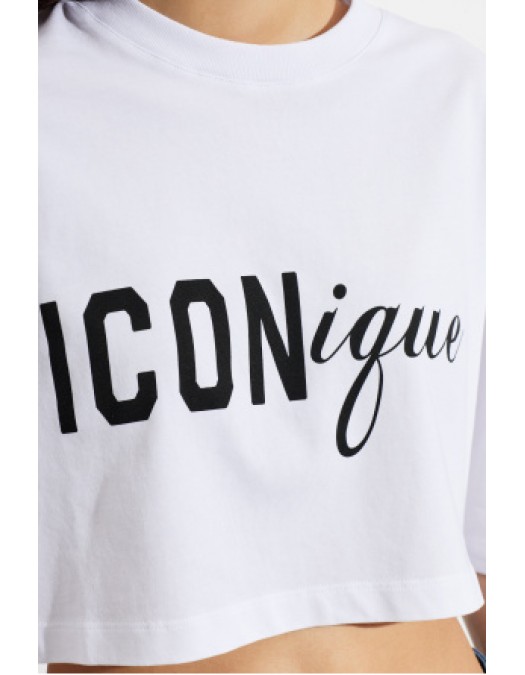 Tricou DSQUARED2, ICONique Cropped Loose Fit T-Shirt, Alb - S73GC0309D20033100