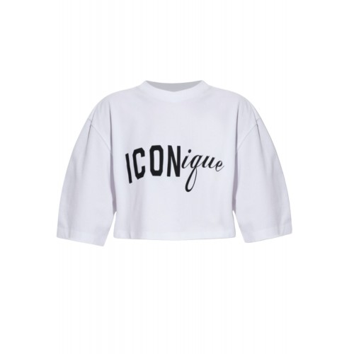 Tricou DSQUARED2, ICONique Cropped Loose Fit T-Shirt, Alb