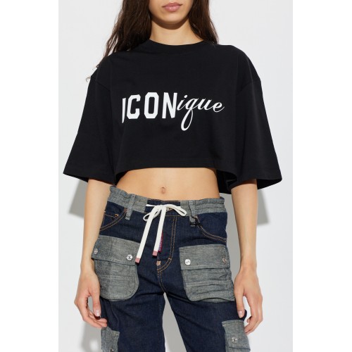 Tricou DSQUARED2, ICONique Cropped Loose Fit T-Shirt, Negru