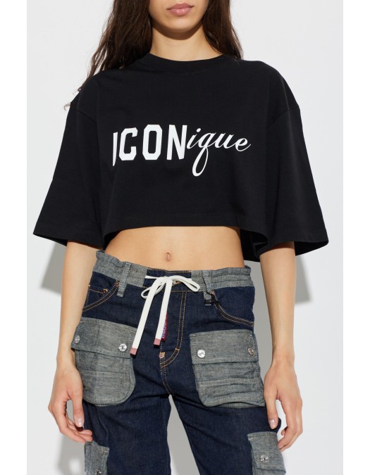 Tricou DSQUARED2, ICONique Cropped Loose Fit T-Shirt, Negru - S73GC0309D20033900