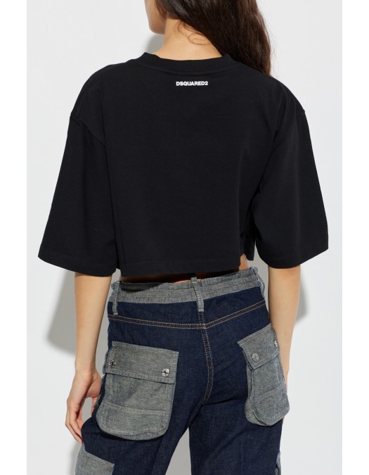 Tricou DSQUARED2, ICONique Cropped Loose Fit T-Shirt, Negru - S73GC0309D20033900