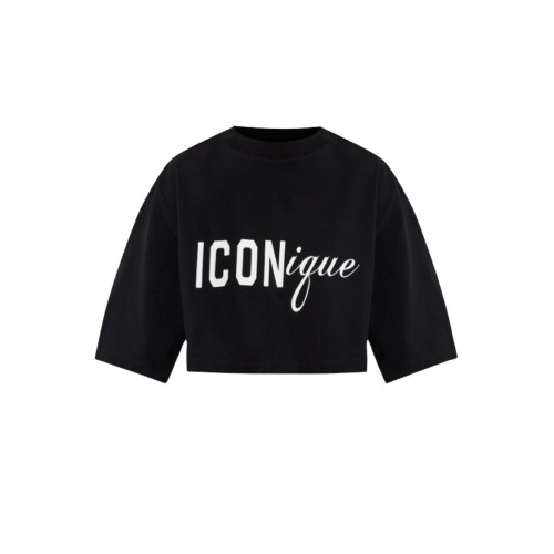 Tricou DSQUARED2, ICONique Cropped Loose Fit T-Shirt, Negru