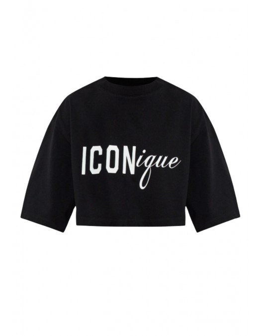 Tricou DSQUARED2, ICONique Cropped Loose Fit T-Shirt, Negru - S73GC0309D20033900