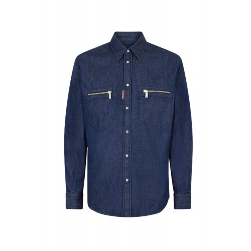 Camasa DSQUARED2, Wet And Dry Wash Biker Shirt, Bleumarin