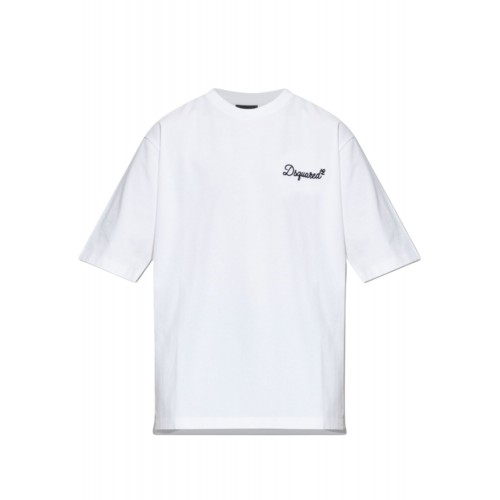 Tricou DSQUARED2, Logo brodat negru, Loose Fit, Alb