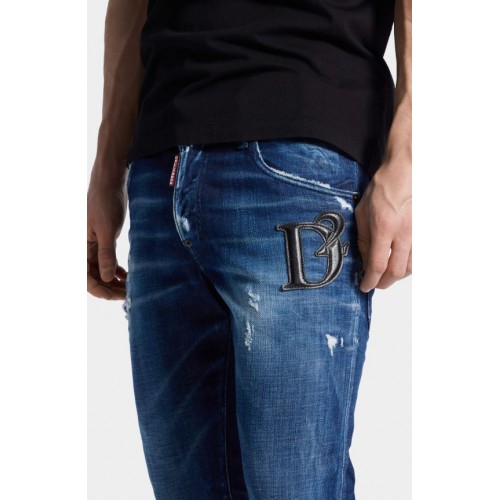 JEANS DSQUARED2, Dark Midnight Blue Wash, Logo piele, Skater Fit
