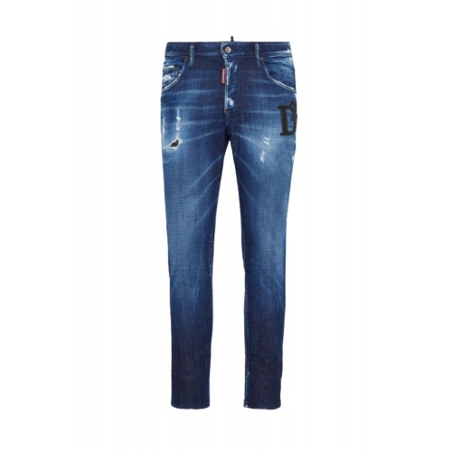 JEANS DSQUARED2, Dark Midnight Blue Wash, Logo piele, Skater Fit JEANS DSQUARED2, Dark Midnight Blue Wash, Logo piele, Skater Fit