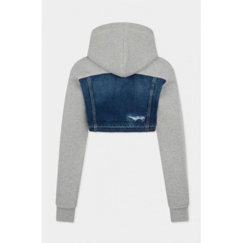 Hanorac DSQUARED2, Medium Ripped Wash Denim Mix Cropped Hybrid Hoodie
