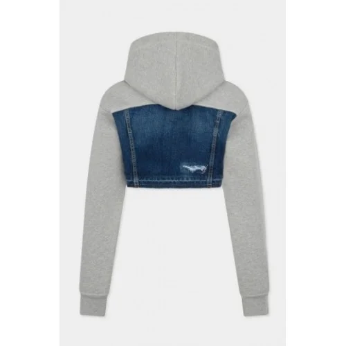 Hanorac DSQUARED2, Medium Ripped Wash Denim Mix Cropped Hybrid Hoodie