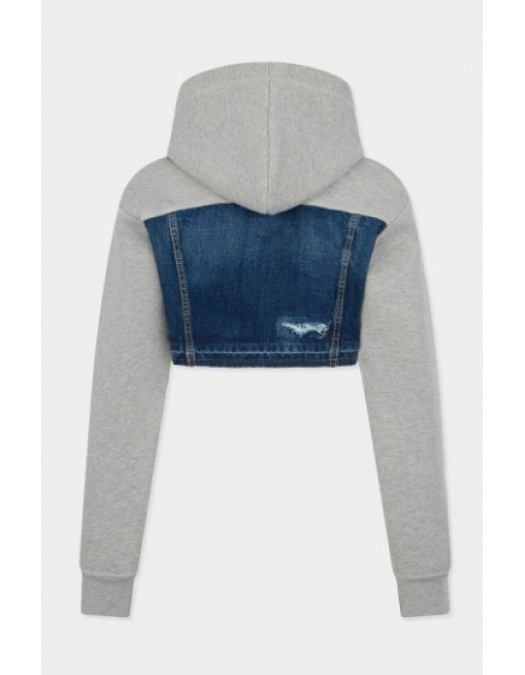 Hanorac DSQUARED2, Medium Ripped Wash Denim Mix Cropped Hybrid Hoodie - S75HG0118DTJ004961