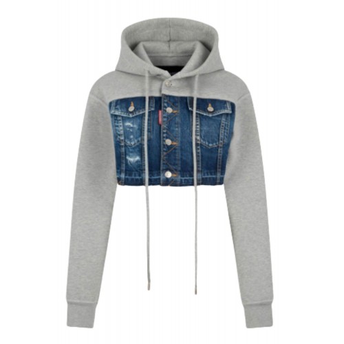 Hanorac DSQUARED2, Medium Ripped Wash Denim Mix Cropped Hybrid Hoodie