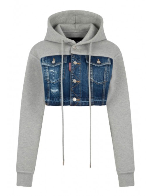 Hanorac DSQUARED2, Medium Ripped Wash Denim Mix Cropped Hybrid Hoodie - S75HG0118DTJ004961