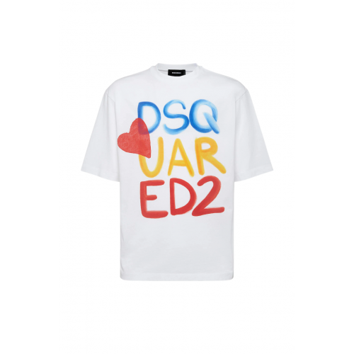 Tricou DSQUARED2, Summer Lovers, Loose Fit Colourful Logo, White Tricou DSQUARED2, Summer Lovers, Loose Fit Colourful Logo, White