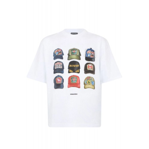Tricou DSQUARED2,ICONique Loose Fit T-Shirt,  Hats Print Alb
