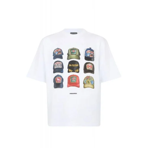 Tricou DSQUARED2,ICONique Loose Fit T-Shirt,  Hats Print Alb