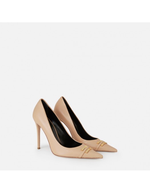 Pantofi ELISABETTA FRANCHI, Leather pump with logo detail, Beige - SA15L61E2470