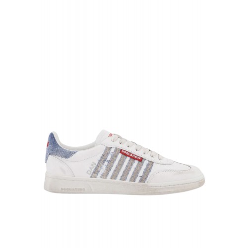SNEAKERS DSQUARED2, Low-Top Leather Sneakers, Denim Insert SNEAKERS DSQUARED2, Low-Top Leather Sneakers, Denim Insert