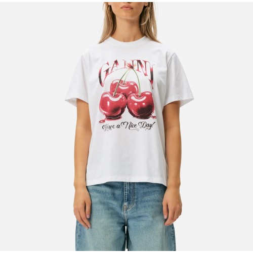 Tricou GANNI, Cherry Print, White Tricou GANNI, Cherry Print, White