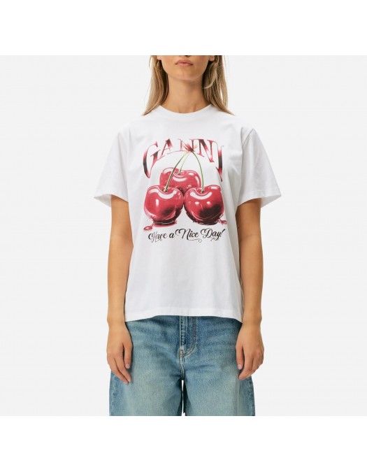 Tricou GANNI, Cherry Print, White - T4004151