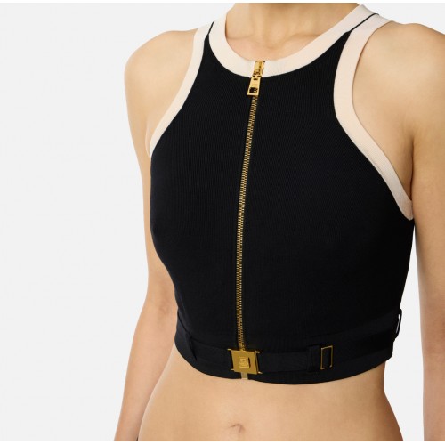 Top ELISABETTA FRANCHI, Knit fabric top with shiny viscose bands, Negru