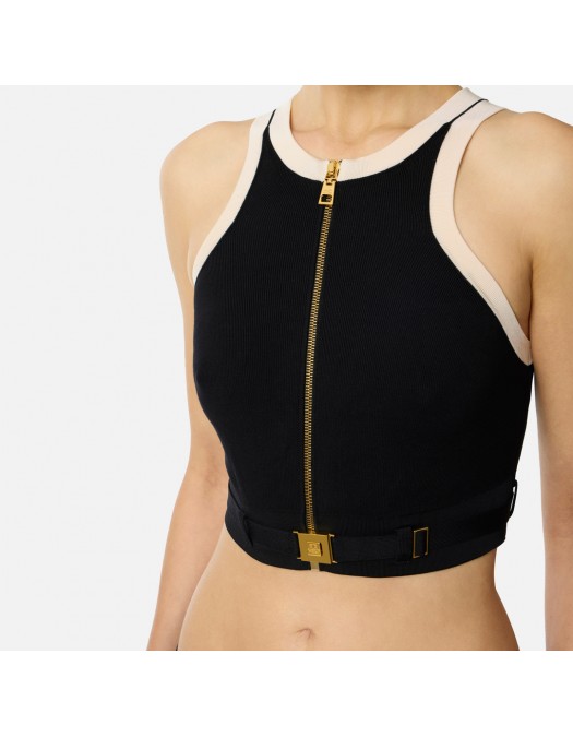 Top ELISABETTA FRANCHI, Knit fabric top with shiny viscose bands, Negru - TK71S61E2685