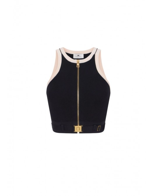 Top ELISABETTA FRANCHI, Knit fabric top with shiny viscose bands, Negru - TK71S61E2685