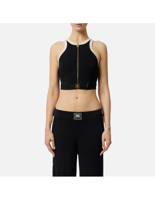 Top ELISABETTA FRANCHI, Knit fabric top with shiny viscose bands, Negru - TK71S61E2685