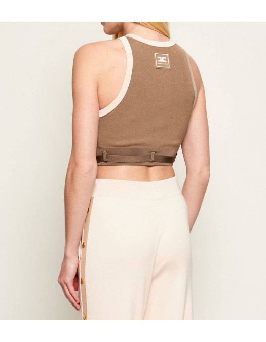 Top ELISABETTA FRANCHI, Knit fabric top with shiny viscose bands, Maro - TK71S61E2727