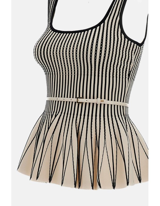 Top ELISABETTA FRANCHI, Two-colour top in knit fabric, Cream - TK85S62E2E84