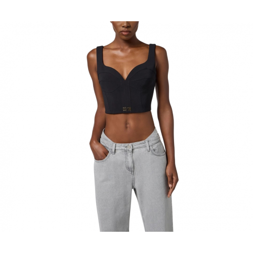 TOP ELISABETTA FRANCHI, Slim, Logo Insert, Simple, Black TOP ELISABETTA FRANCHI, Slim, Logo Insert, Simple, Black