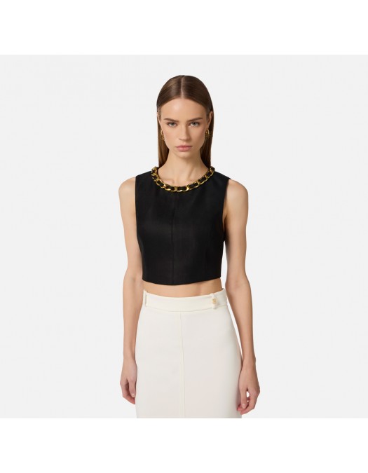 Top ELISABETTA FRANCHI, Linen-blend top with jewel chain, Negru - TO06062E2110