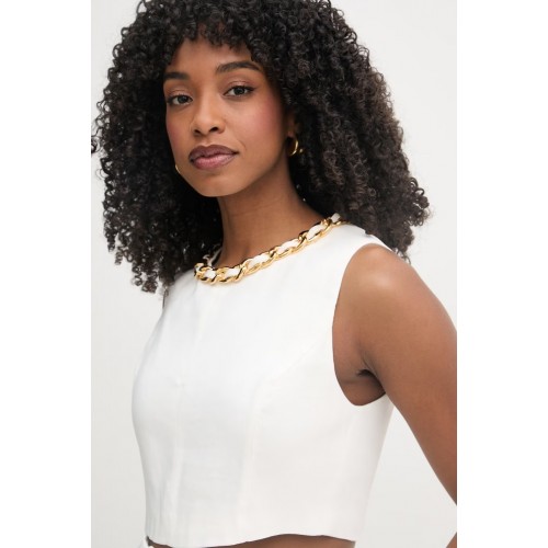 Top ELISABETTA FRANCHI, Linen-blend top with jewel chain, Alb