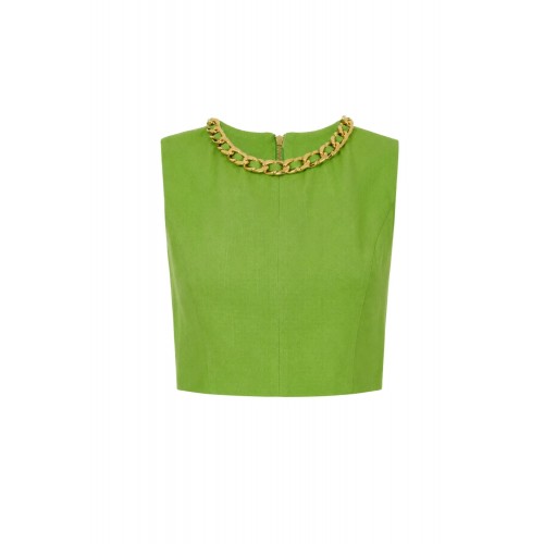Top ELISABETTA FRANCHI, Linen-blend top with jewel chain, Verde