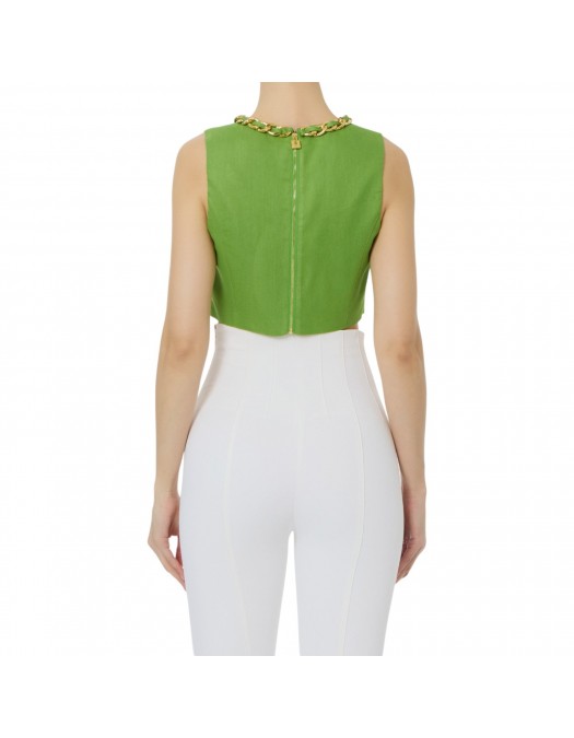Top ELISABETTA FRANCHI, Linen-blend top with jewel chain, Verde - TO06062E2EV3