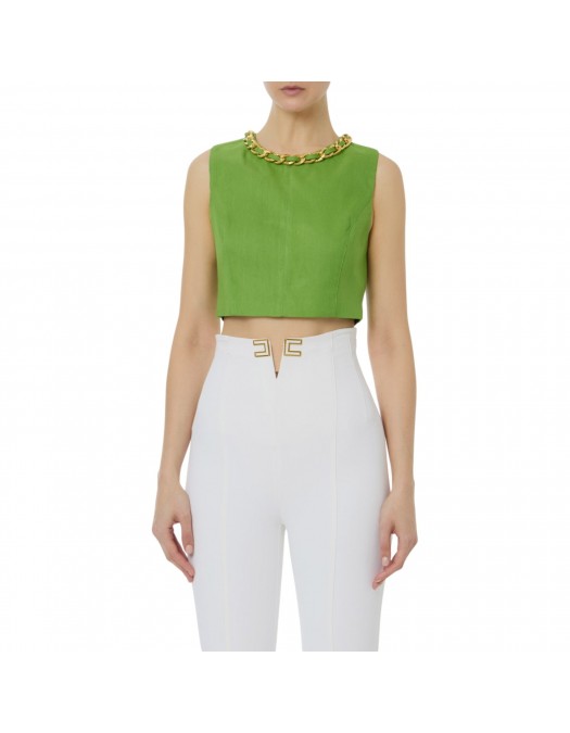 Top ELISABETTA FRANCHI, Linen-blend top with jewel chain, Verde - TO06062E2EV3