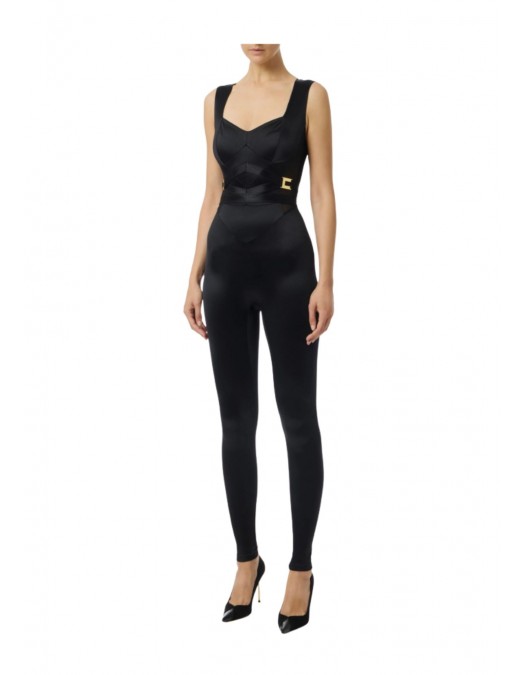 Salopeta ELISABETTA FRANCHI, Lycra jumpsuit with jewel logo, Negru - TU06157E2110