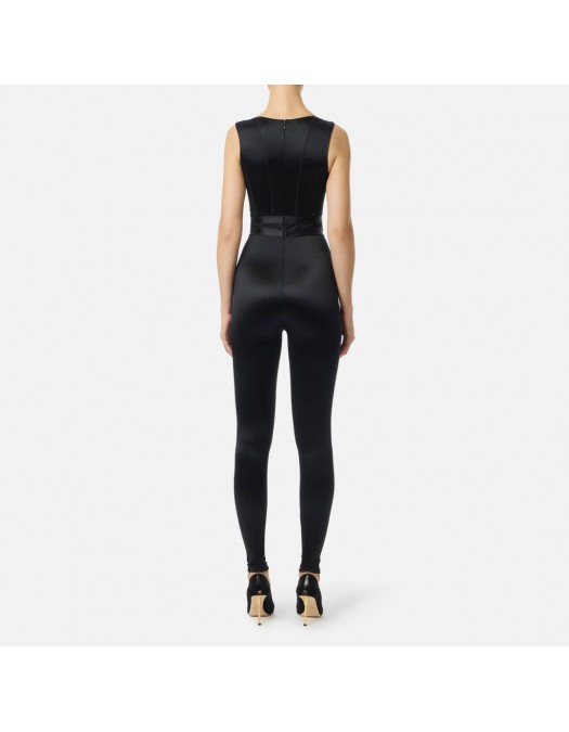 Salopeta ELISABETTA FRANCHI, Lycra jumpsuit with jewel logo, Negru - TU06157E2110