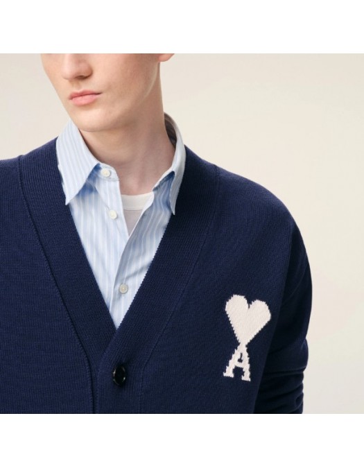 Cardigan AMI PARIS, Blue Wool Ami De Coeur Cardigan - UHA666AW0041A036