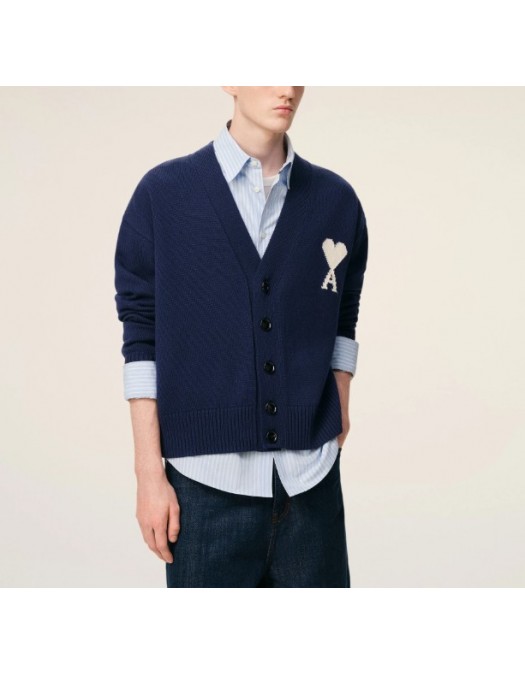 Cardigan AMI PARIS, Blue Wool Ami De Coeur Cardigan - UHA666AW0041A036