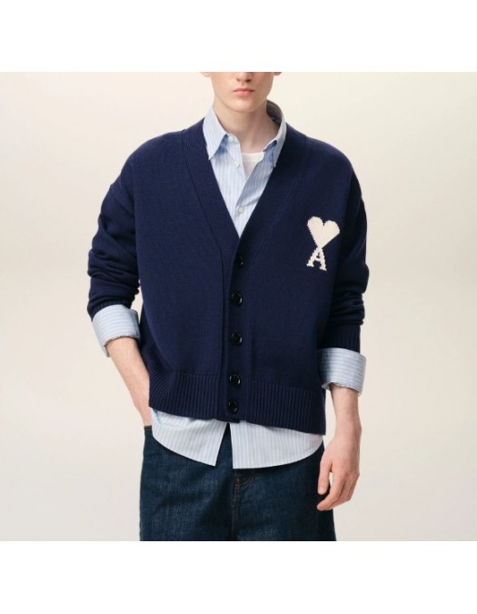 Cardigan AMI PARIS, Blue Wool Ami De Coeur Cardigan - UHA666AW0041A036