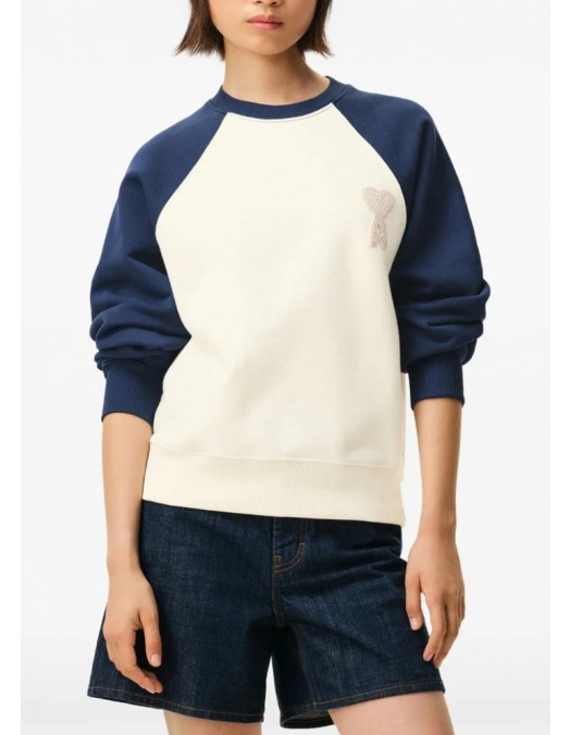 Bluza AMI PARIS, White And Blue Cotton Knitted Ami De Coeur Sweatshirt - USW781747A027