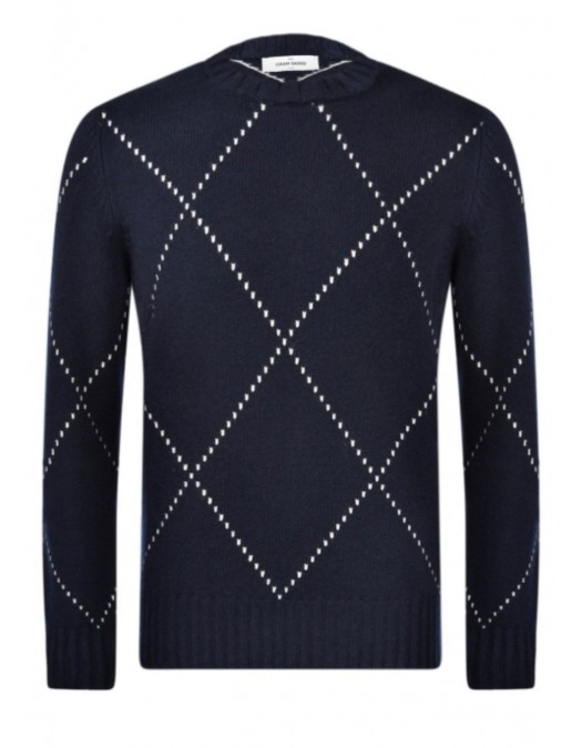 Pulover GRAN SASSO,Diamond-patterned cashmere crew neck sweater,Bleumrin - 1315615553598 Pulover GRAN SASSO,Diamond-patterned cashmere crew neck sweater,Bleumrin - 1315615553598
