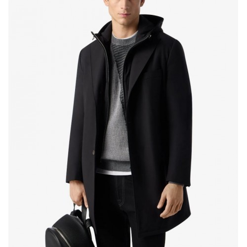 PALTON CORNELIANI, Black stretch technical fabric coat with detachable vest PALTON CORNELIANI, Black stretch technical fabric coat with detachable vest