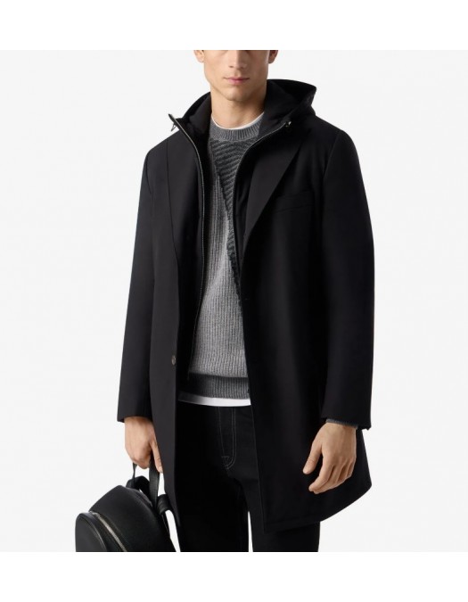 PALTON CORNELIANI, Black stretch technical fabric coat with detachable vest - 2615672612503020