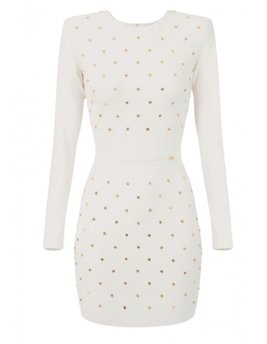 Rochie ELISABETTA FRANCHI ,Mini dress in knit fabric with jewel details,White - AM25S57E2DZ9