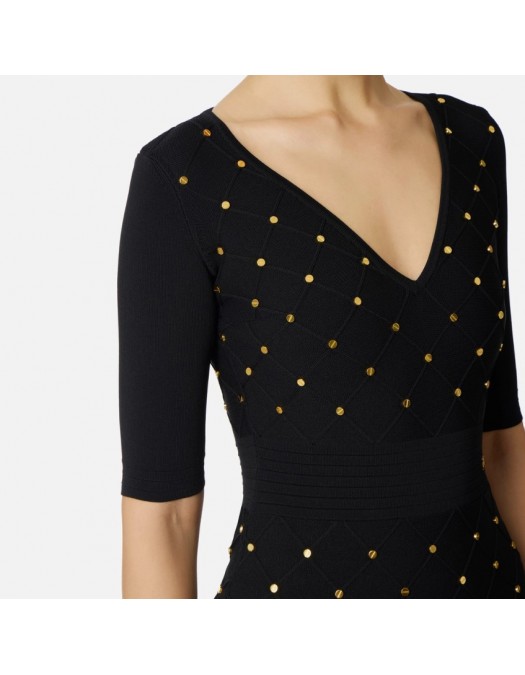 Rochie ELISABETTA FRANCHI ,Knit dress with jewel details,Black - AM26S57E2110