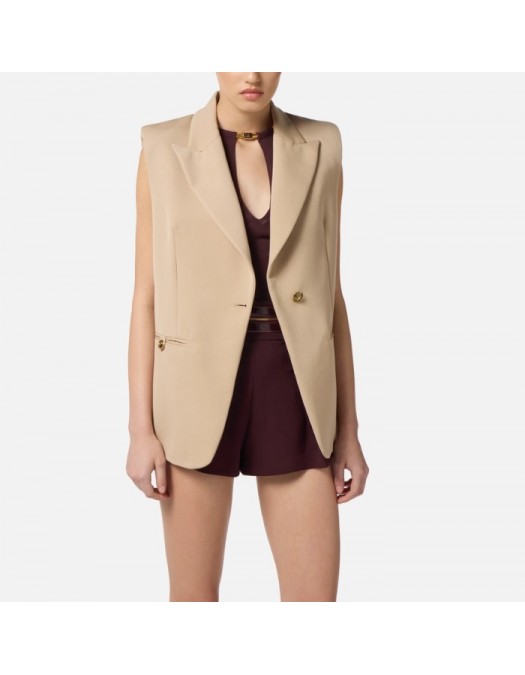 Vesta ELISABETTA FRANCHI,Cotton gabardine waistcoat with jewel buttons,Bej - GI18857E2EA2