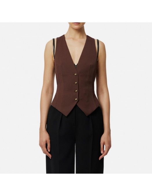 VESTA ELISABETTA FRANCHI, Cotton gabardine waistcoat,Brown - GL00156E2EA3