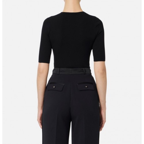 Tricou ELISABETTA FRANCHI,Ribbed knit top with breast pocket,Black