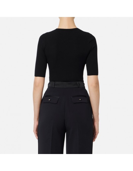 Tricou ELISABETTA FRANCHI,Ribbed knit top with breast pocket,Black - MK10B56E2110